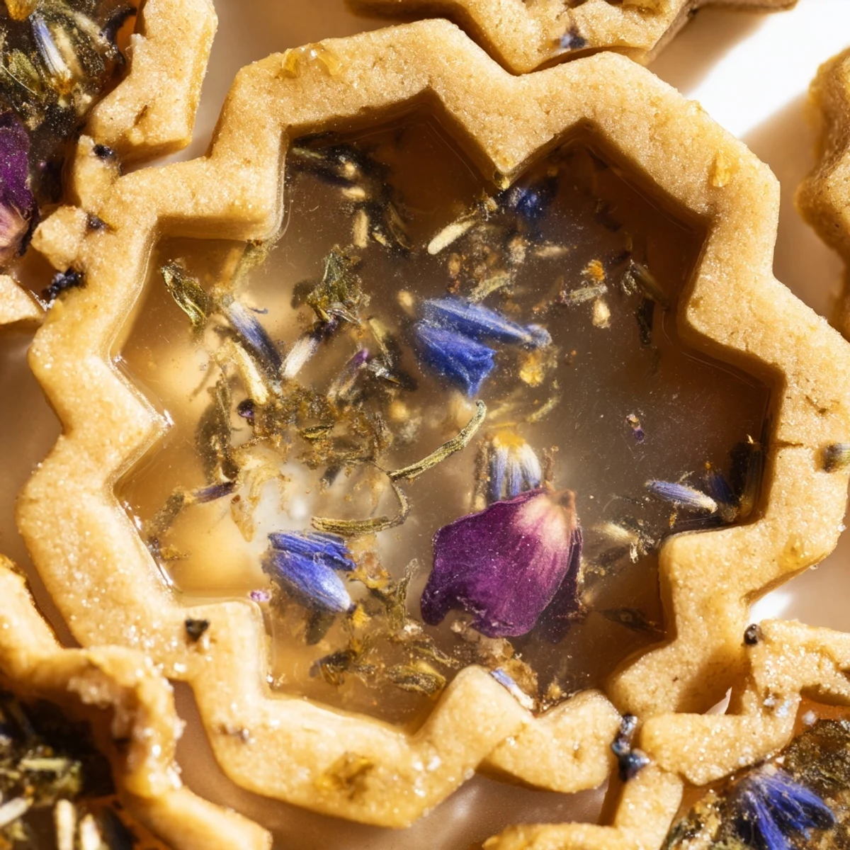 Golden vegan Earl Grey stained glass floral cookies arranged on a rustic ceramic serving plate