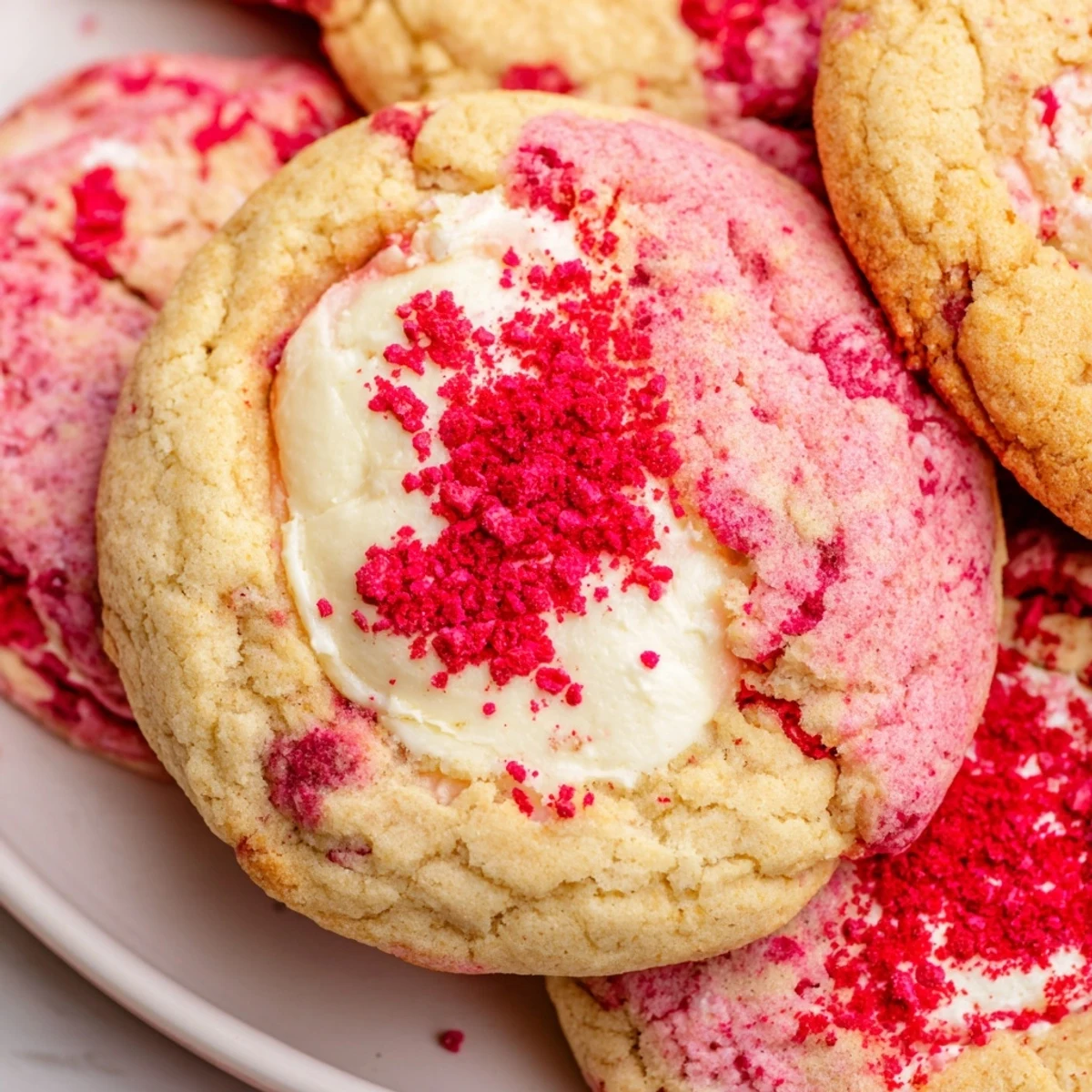 Soft strawberry cheesecake cookies with creamy centers on a rustic white baking sheet