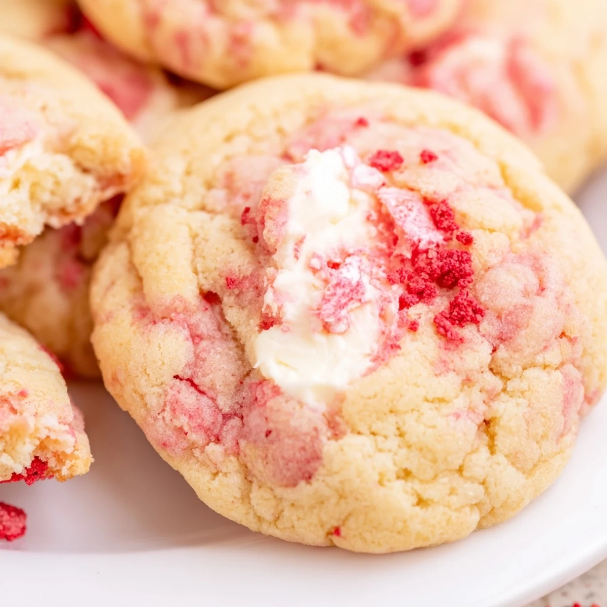 Golden strawberry cheesecake cookies topped with crushed freeze-dried berries and cream cheese filling
