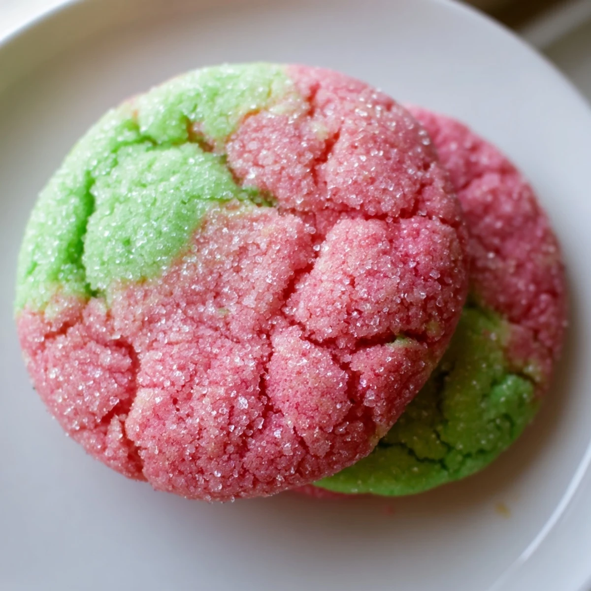 Colorful Jello sugar cookies with cracked tops and sugar coating on white platter