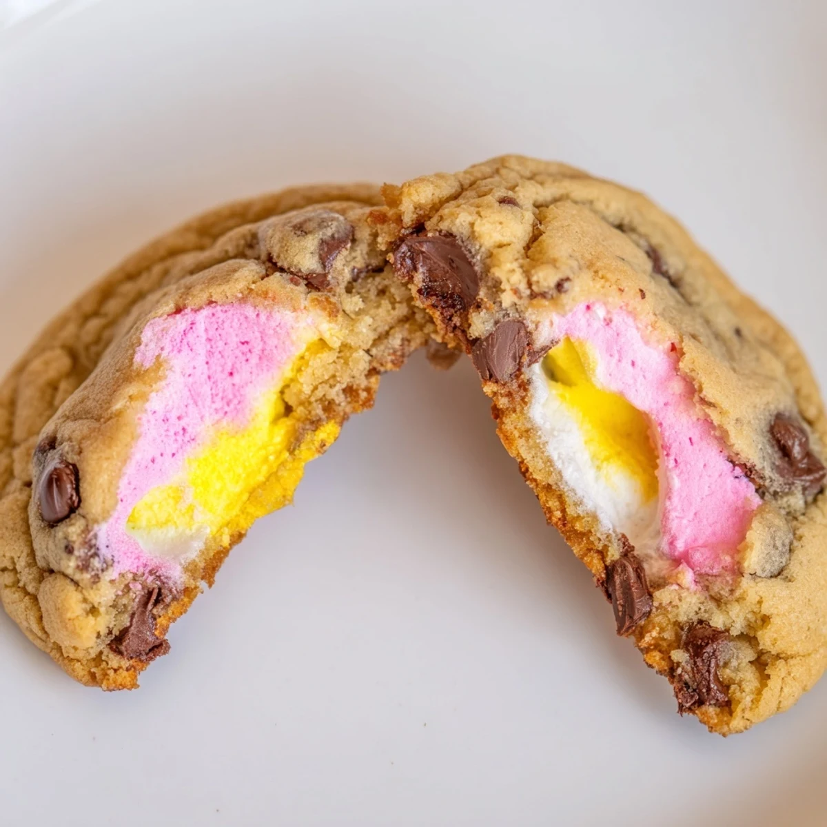 Golden chocolate chip Peep stuffed Easter cookies with melted marshmallow oozing from the center