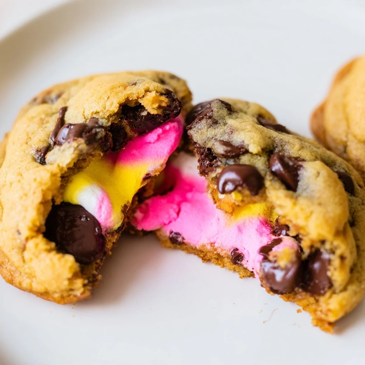 Colorful Peeps peeking out of soft baked chocolate chip Easter cookies on cooling rack