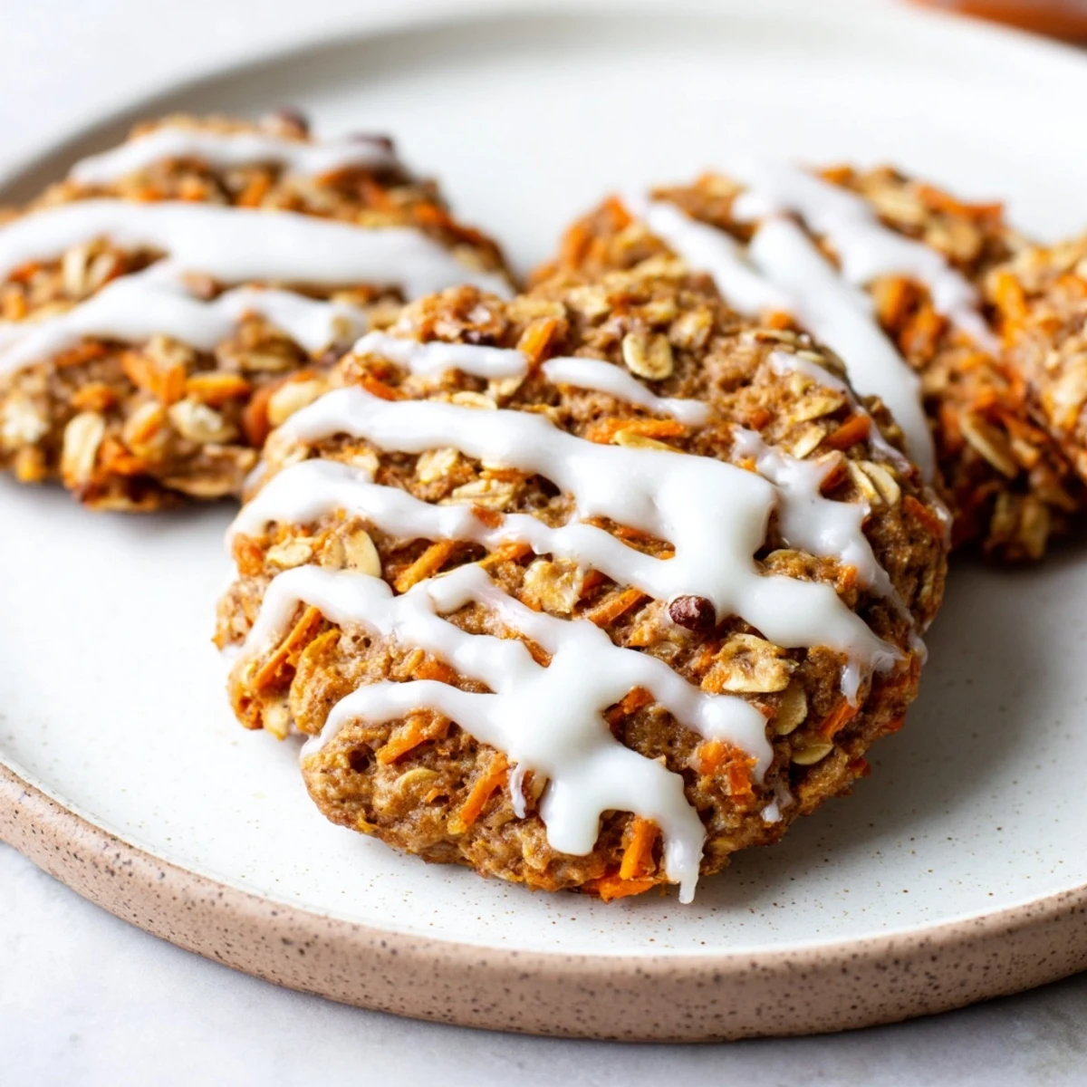 Soft carrot cake cookies with creamy white drizzle stacked on rustic wooden board