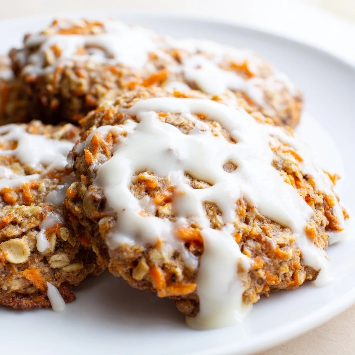 Golden spiced carrot cake cookies topped with luscious cream cheese frosting glaze