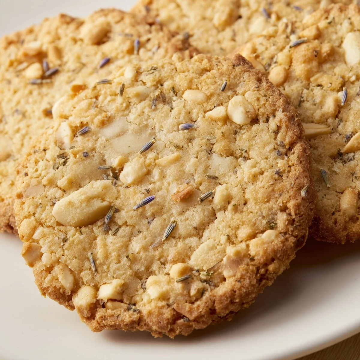 Golden lavender honey crunch cookies with chopped nuts arranged on a rustic wooden serving board