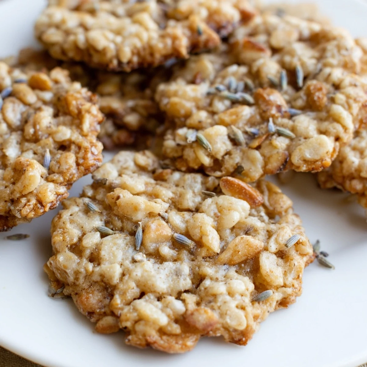 Crisp lavender honey crunch cookies fresh from the oven with lightly browned edges and textured surface