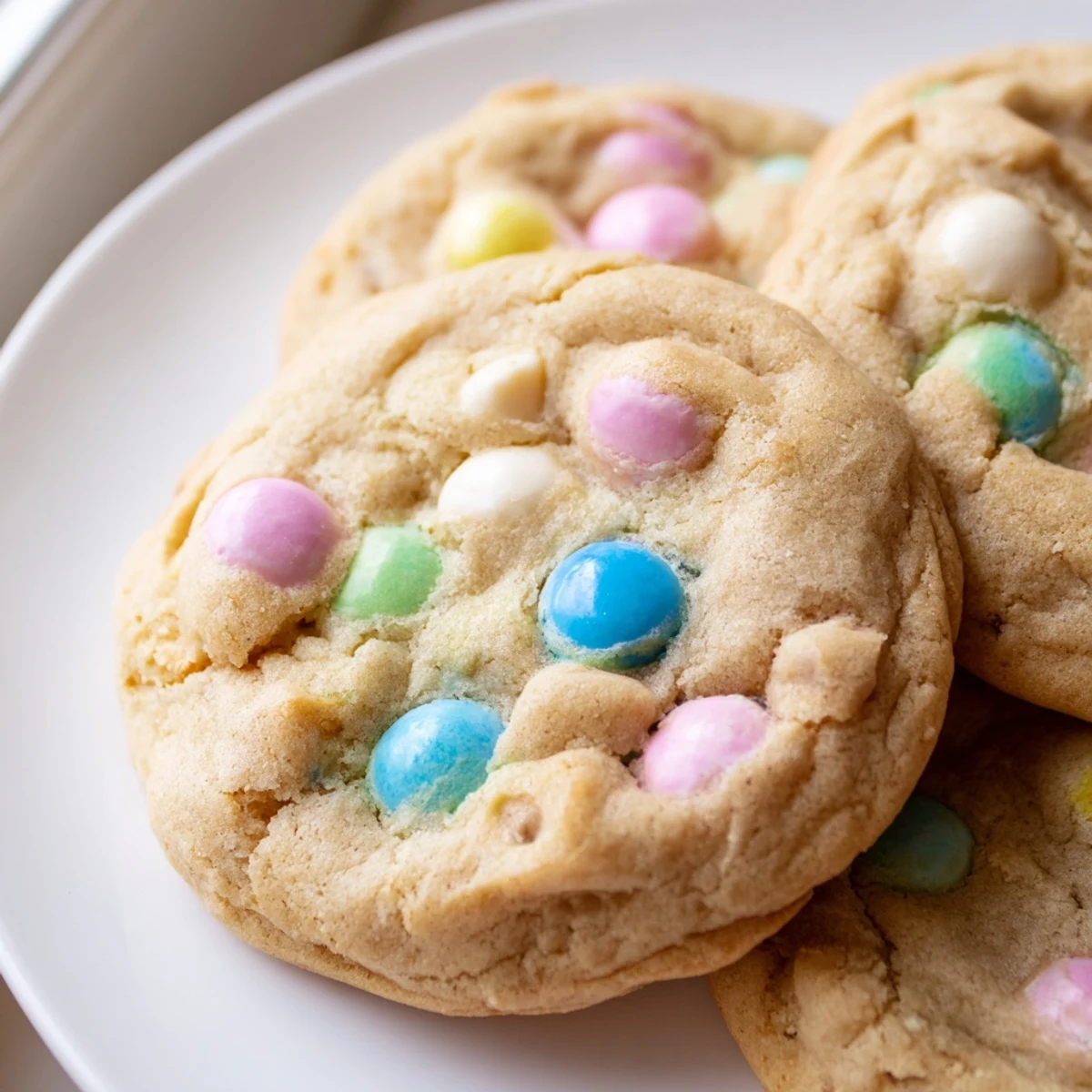 Soft chewy M&M bunny cookies with colorful pastel candies on rustic baking sheet