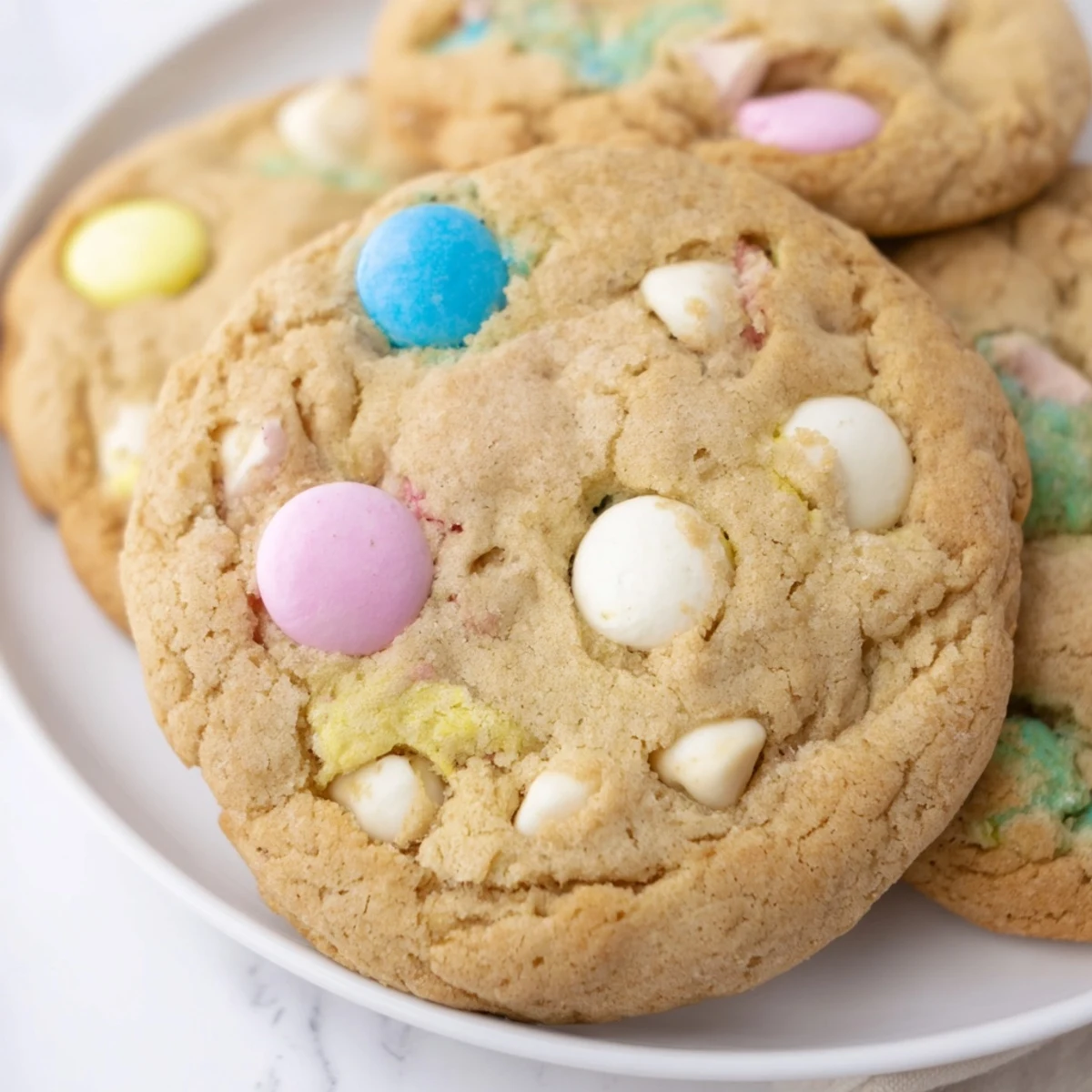 Golden brown M&M bunny cookies cooling on wire rack with Easter sprinkles