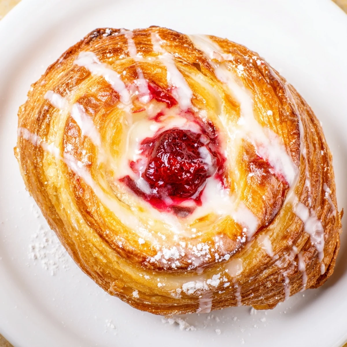Golden Sourdough Discard Raspberry Cream Cheese Danishes drizzled with sweet vanilla glaze on rustic parchment paper