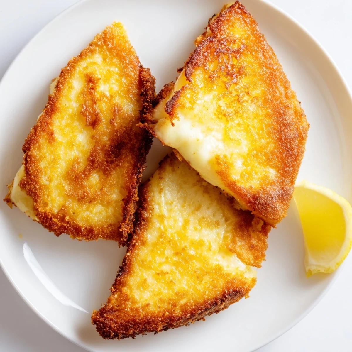 Crispy Greek fried cheese with crunchy coating and melty center on white plate