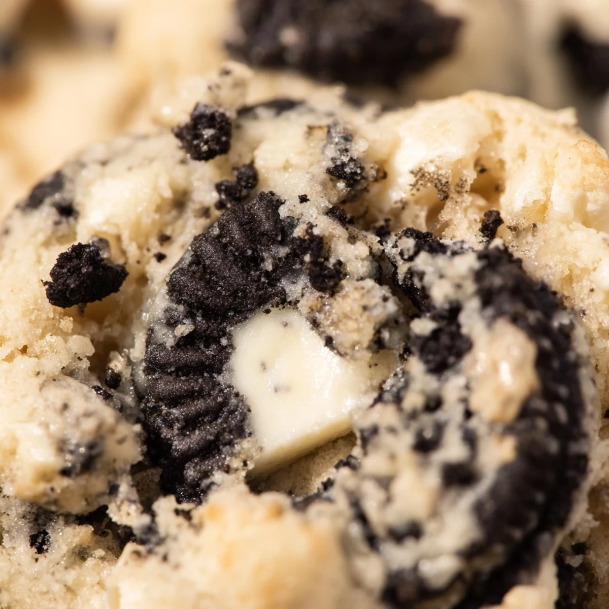 Soft chewy cookies and cream cookie with white chocolate chips on rustic baking sheet