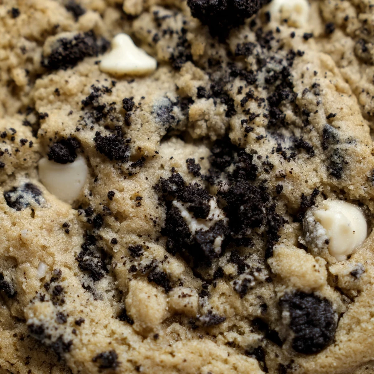 Warm cookies and cream cookie fresh from oven with golden edges and melty chips