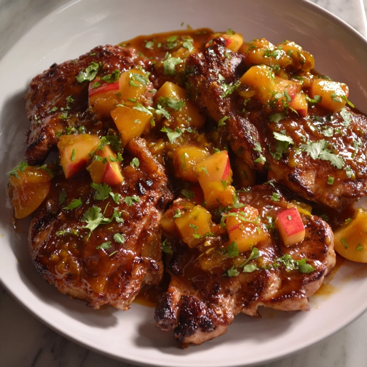 Golden seared jalapeno peach chicken glistening with sweet and spicy glazed sauce