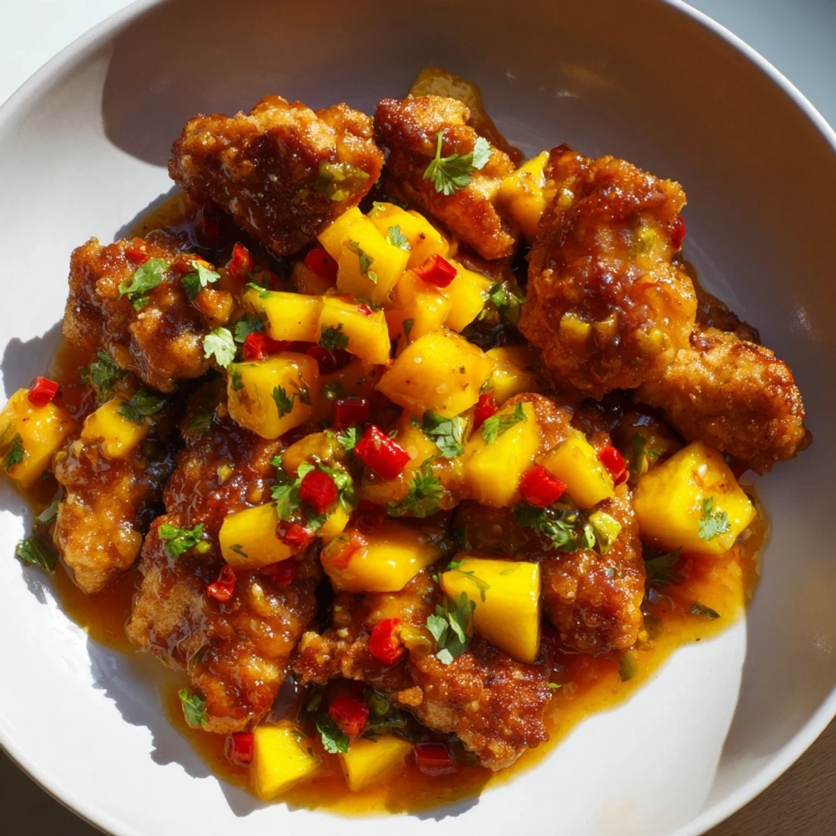 Juicy chicken breast topped with caramelized peach slices and fresh green herbs