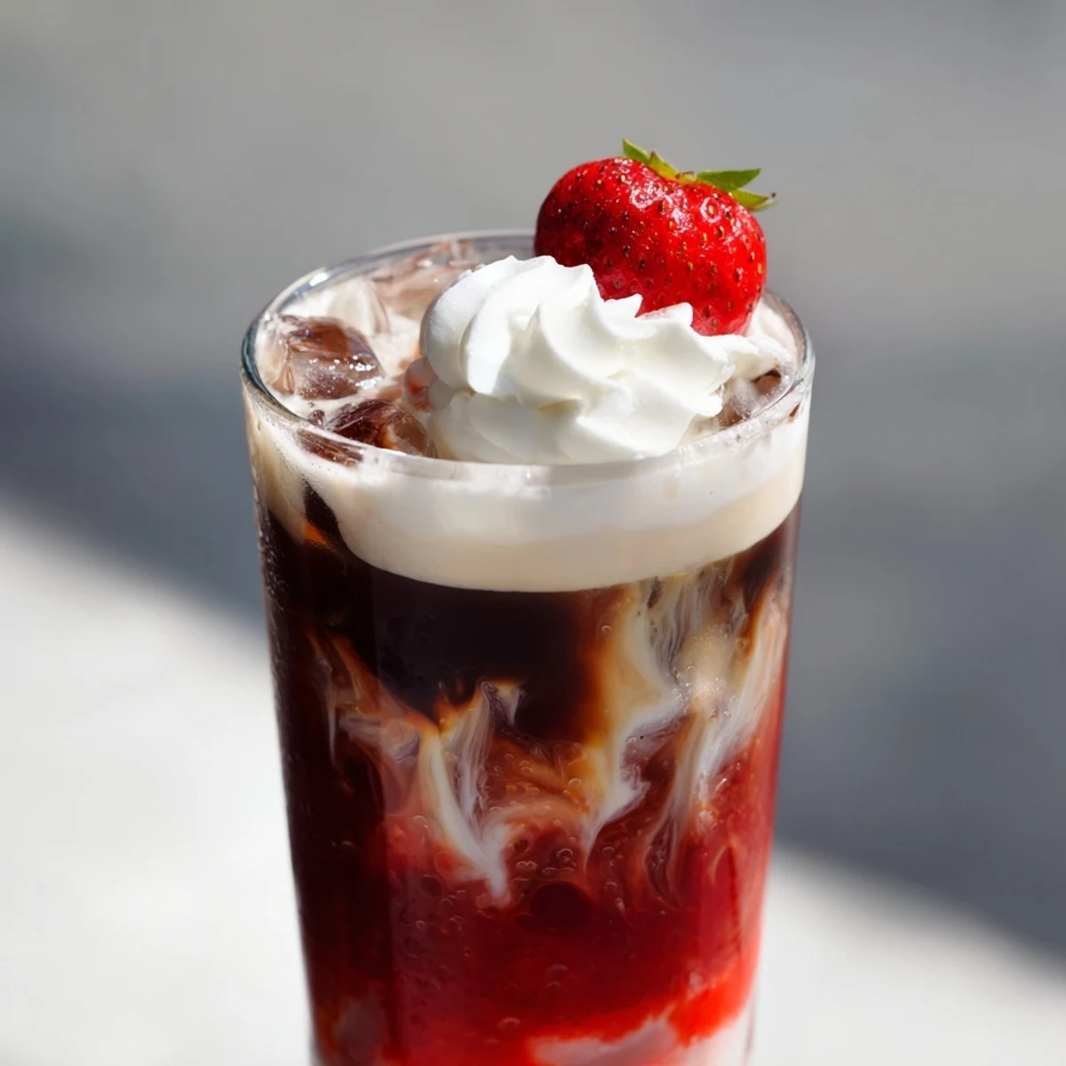 Creamy strawberry cold latte in a tall glass with swirled pink layers and ice