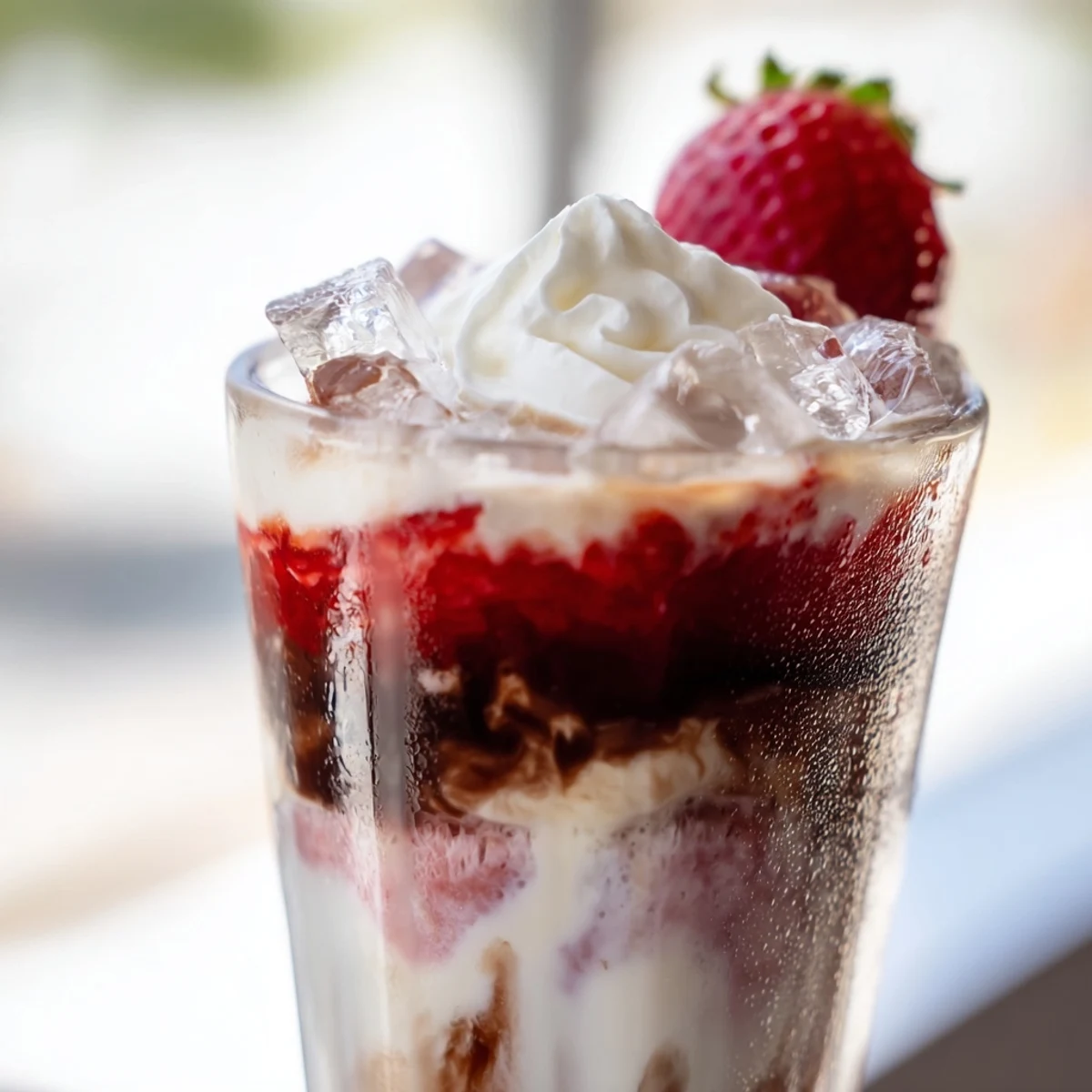 Refreshing strawberry cream cold latte topped with fluffy whipped cream and fresh berry garnish