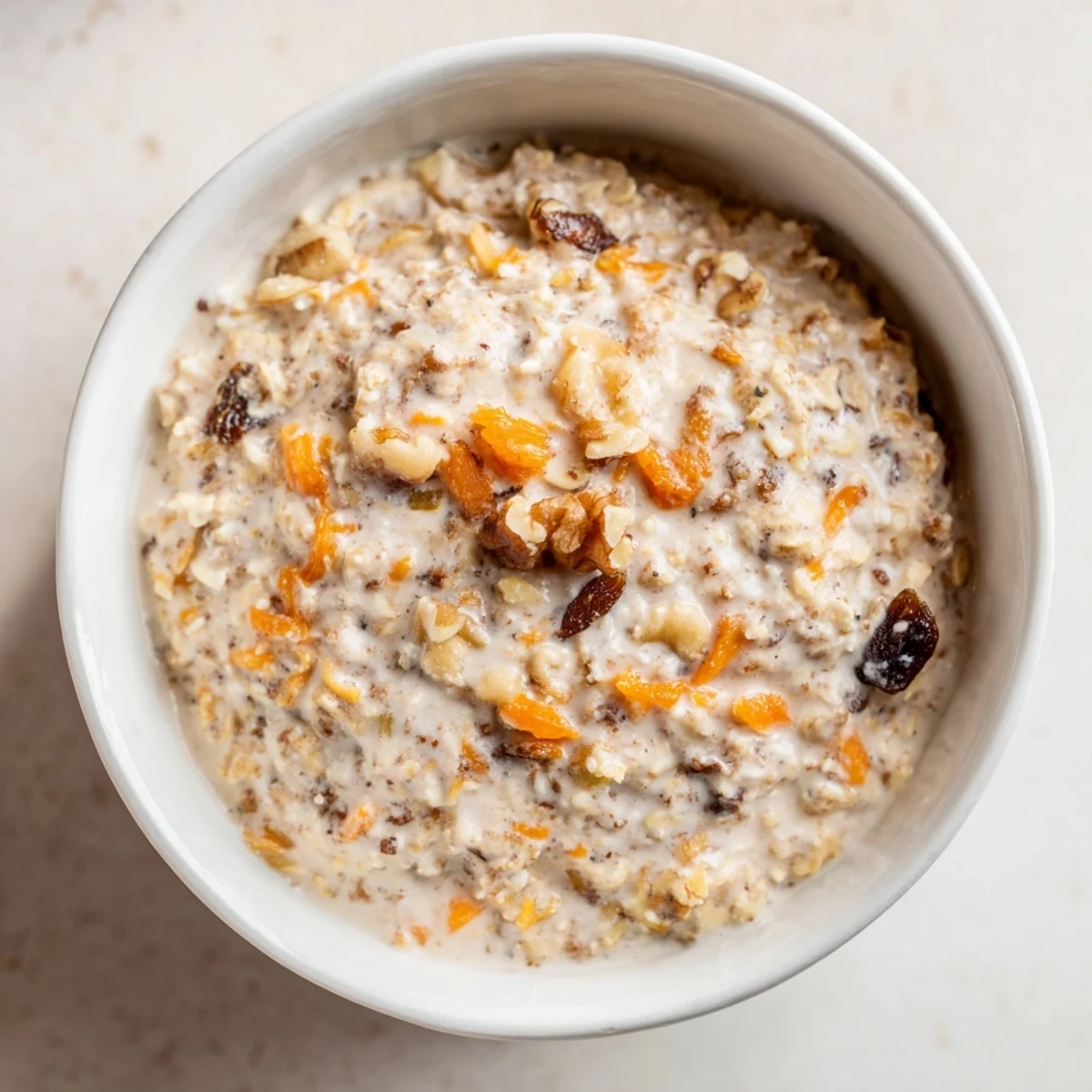 Creamy carrot cake overnight oats topped with crunchy walnuts in a glass jar
