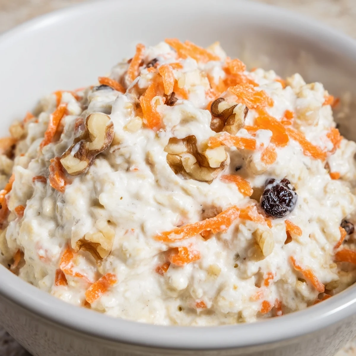 Carrot cake overnight oats with grated carrots and raisins in a breakfast bowl