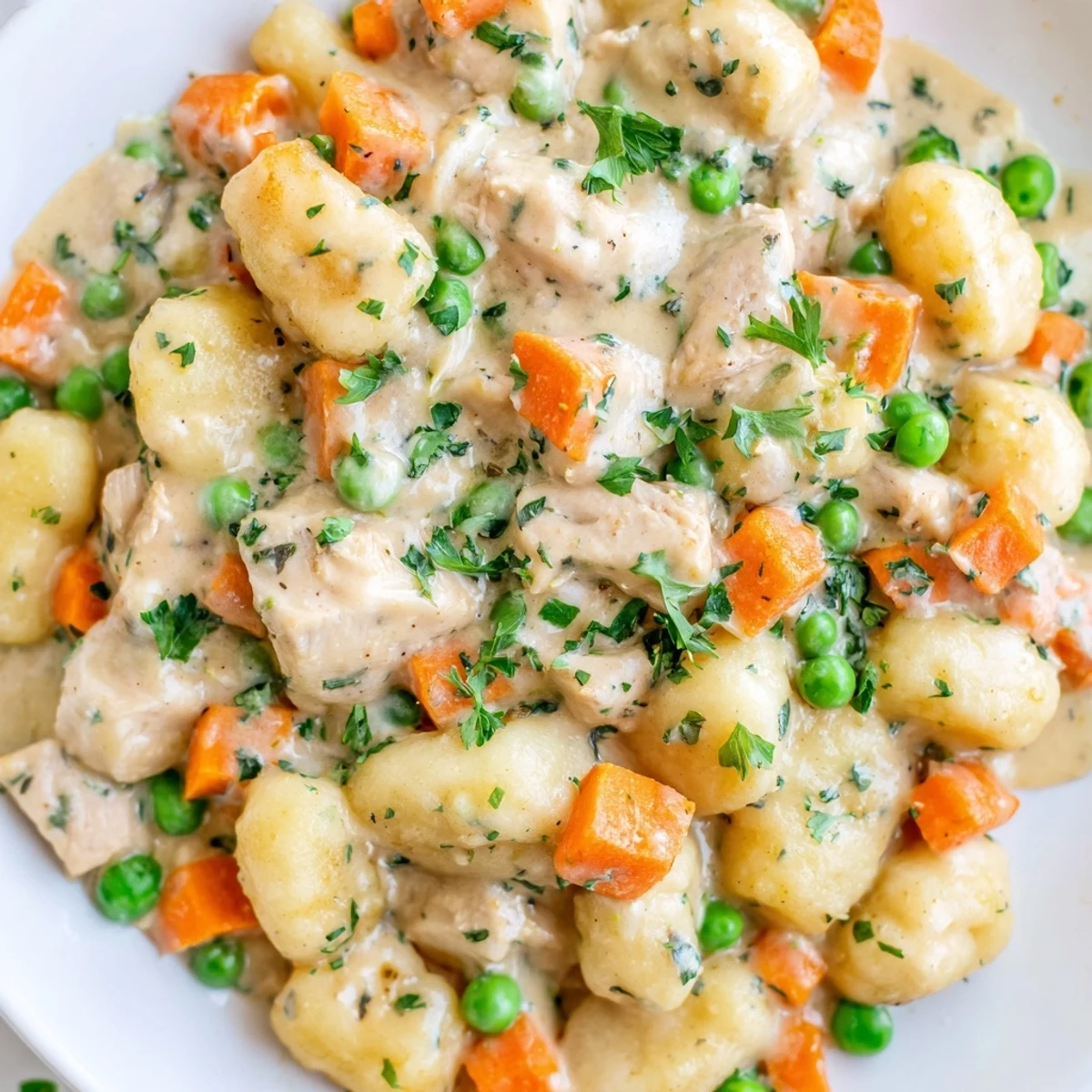 Creamy One Pot Gnocchi Chicken Pot Pie with tender vegetables in a golden skillet