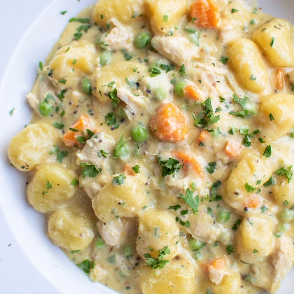 One Pot Gnocchi Chicken Pot Pie bubbling with pillowy dumplings and savory herbs