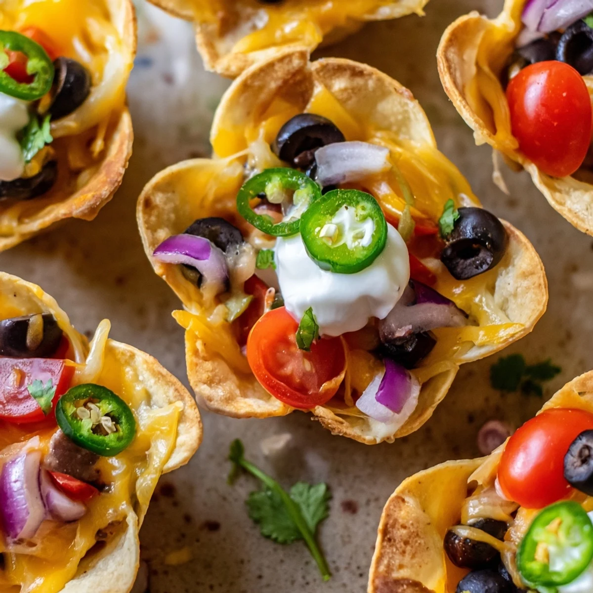 Crispy tortilla cups overflowing with gooey cheese, black beans, and zesty garnishes ready for serving