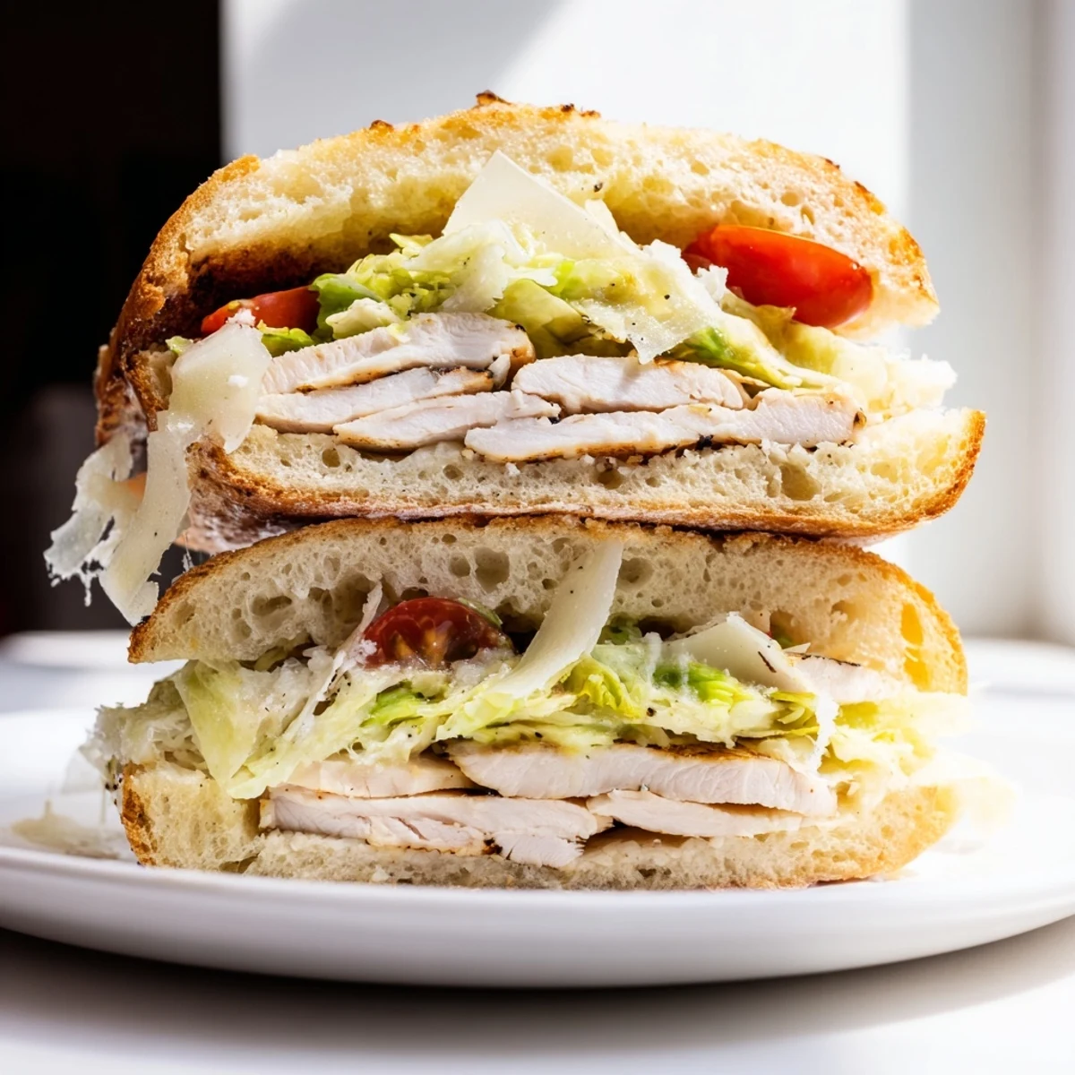 Golden toasted ciabatta rolls filled with juicy grilled chicken Caesar sandwich and crisp romaine lettuce
