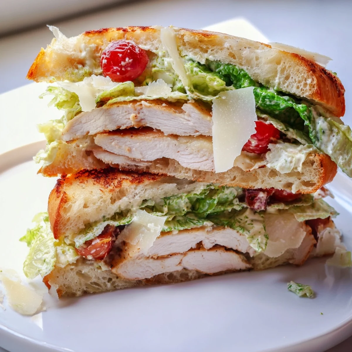 Creamy Caesar dressing coats tender sliced chicken in this satisfying chicken Caesar sandwich on crusty bread