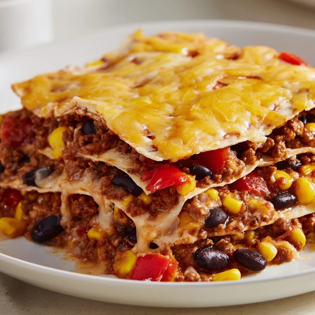 Golden bubbling Mexican lasagna layered with seasoned beef beans and melted cheese
