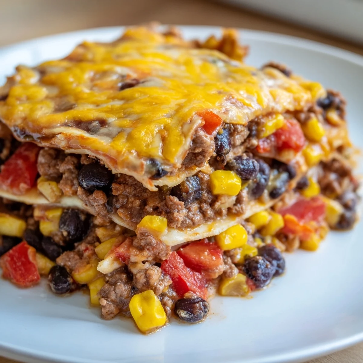 Mexican lasagna with spicy ground beef corn and gooey cheese straight from oven