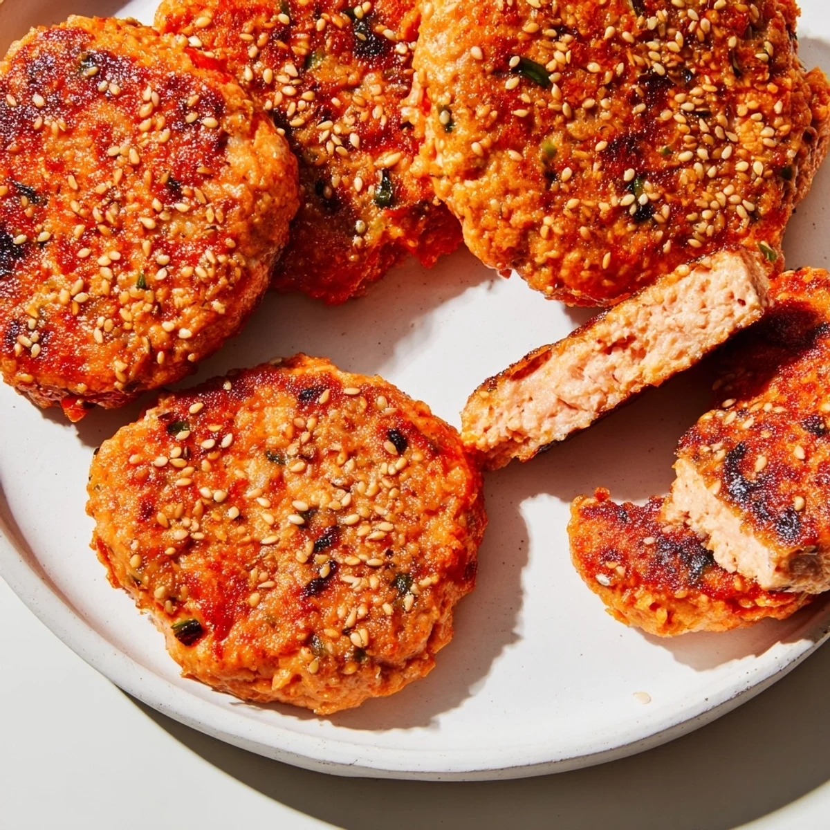 Crispy golden Harissa Sesame Salmon Patties sizzling in a skillet with visible sesame seed garnish