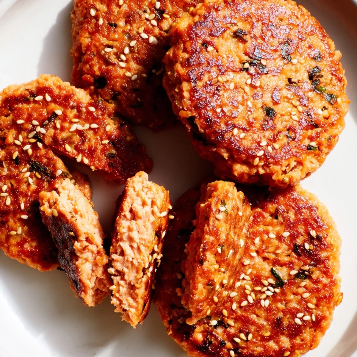 Spicy Harissa Sesame Salmon Patties served on a white plate with fresh cilantro and lemon wedges