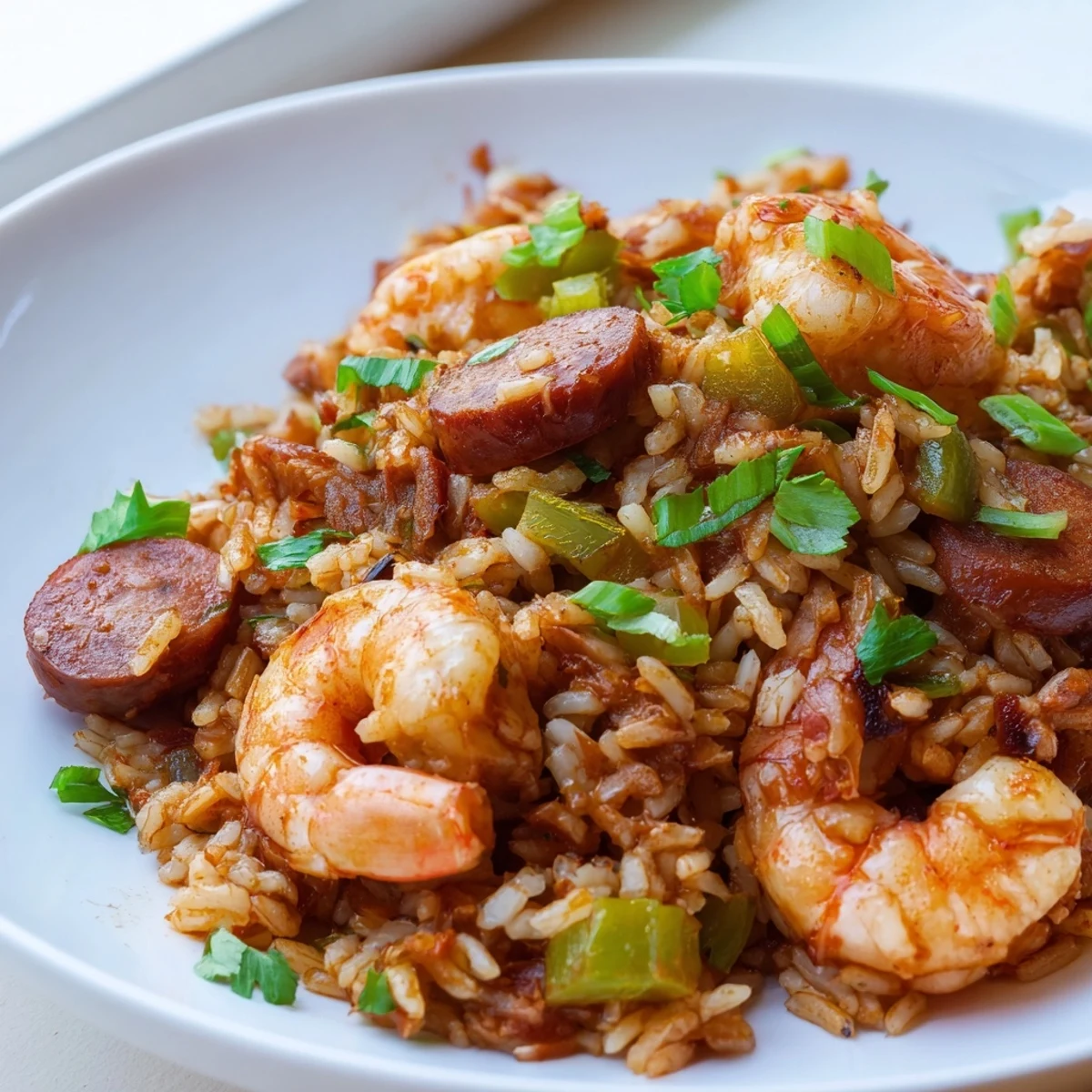 Golden shrimp and sausage dirty rice served in a cast iron skillet with fresh parsley garnish