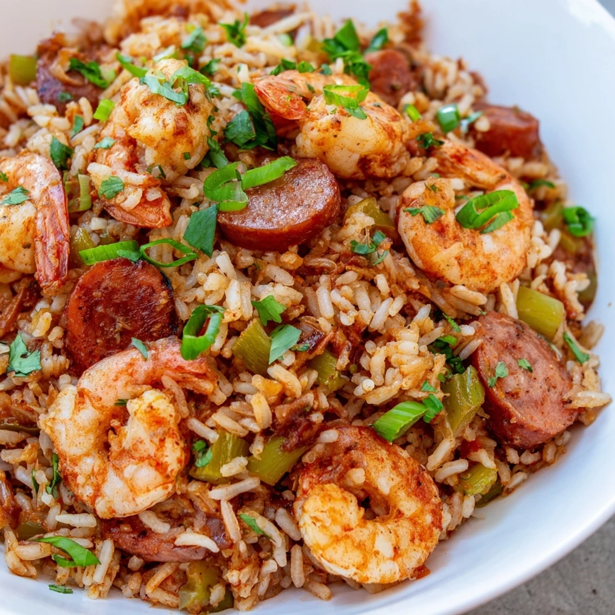 Spicy shrimp and sausage dirty rice with tender vegetables in a rustic Dutch oven pan