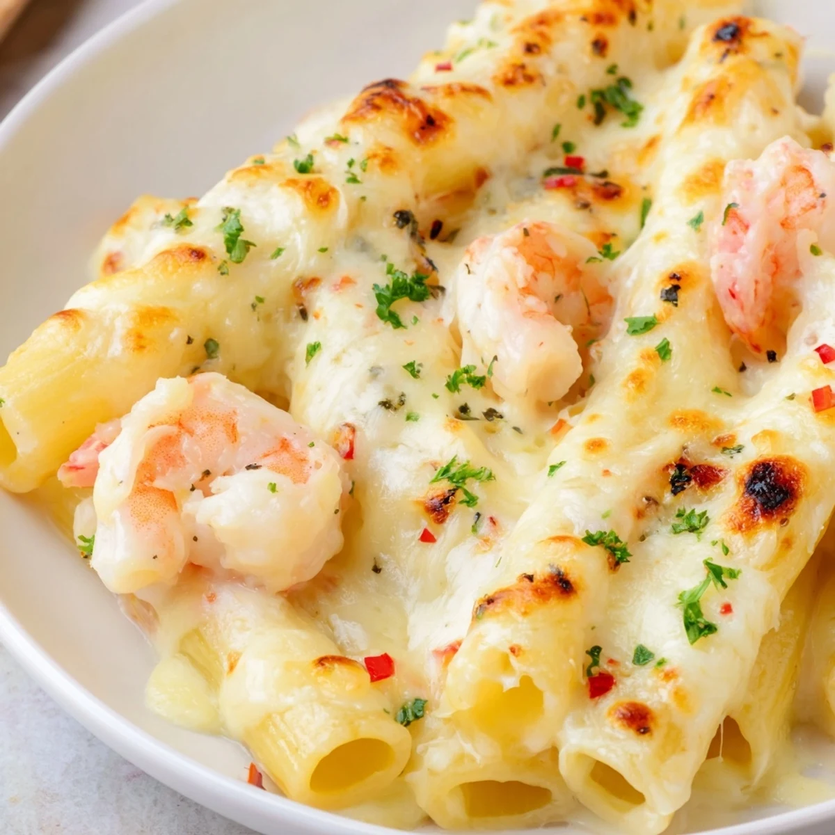 Golden baked shrimp scampi pasta with bubbling mozzarella and parmesan cheese topping
