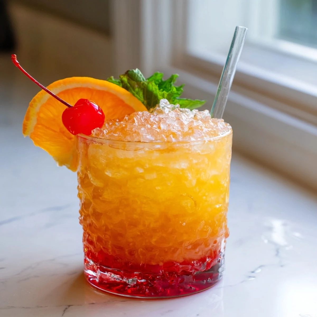 Tall glasses of non alcoholic Mai Tai layered with grenadine over crushed ice