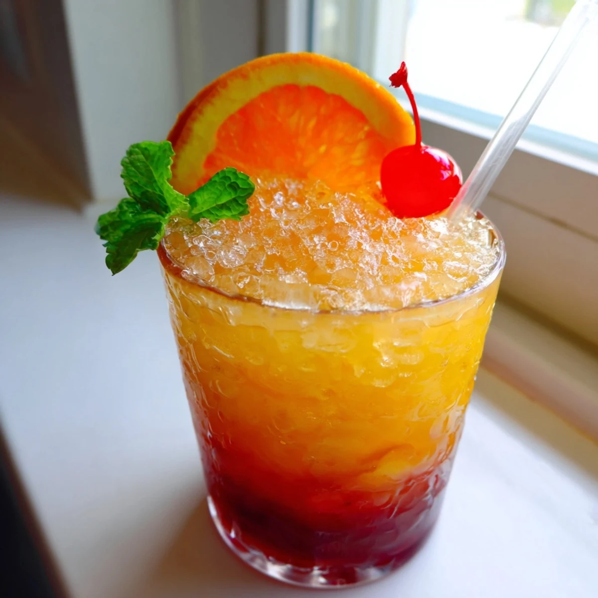 A vibrant non alcoholic Mai Tai topped with a cherry and fresh orange slice