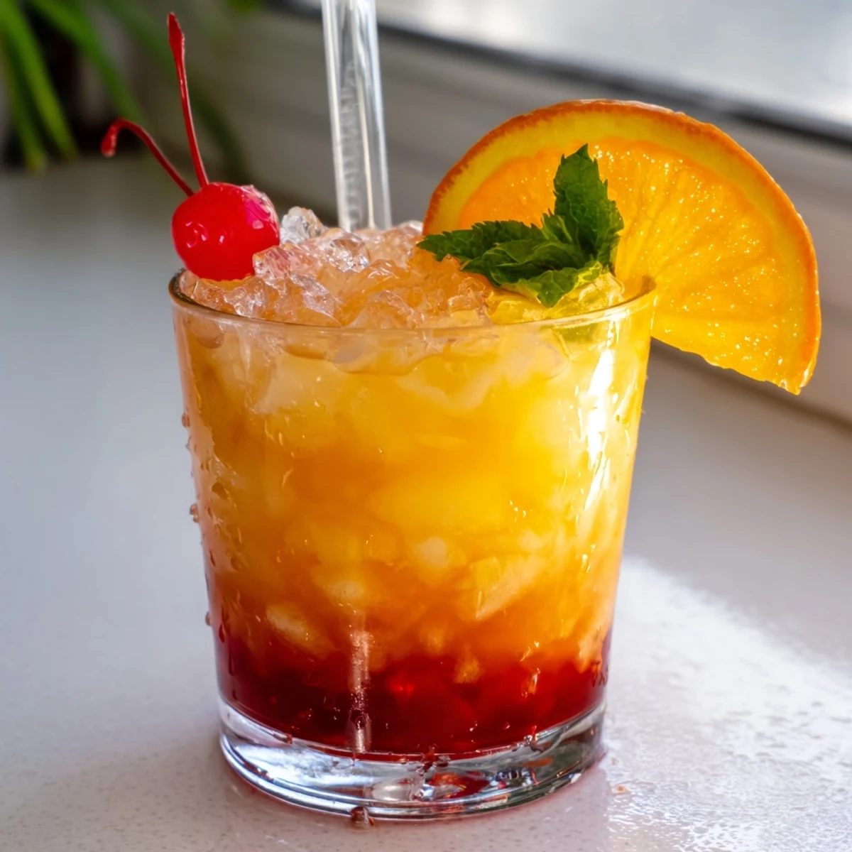 Tropical non alcoholic Mai Tai mocktail garnished with mint and served in tumblers