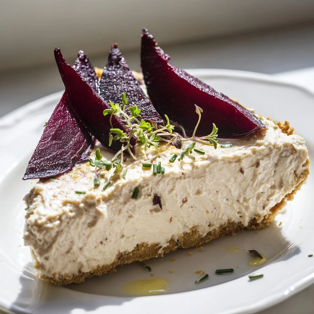 Creamy savory cheesecake topped with caramelized roasted beetroot and fresh herbs on a rustic plate