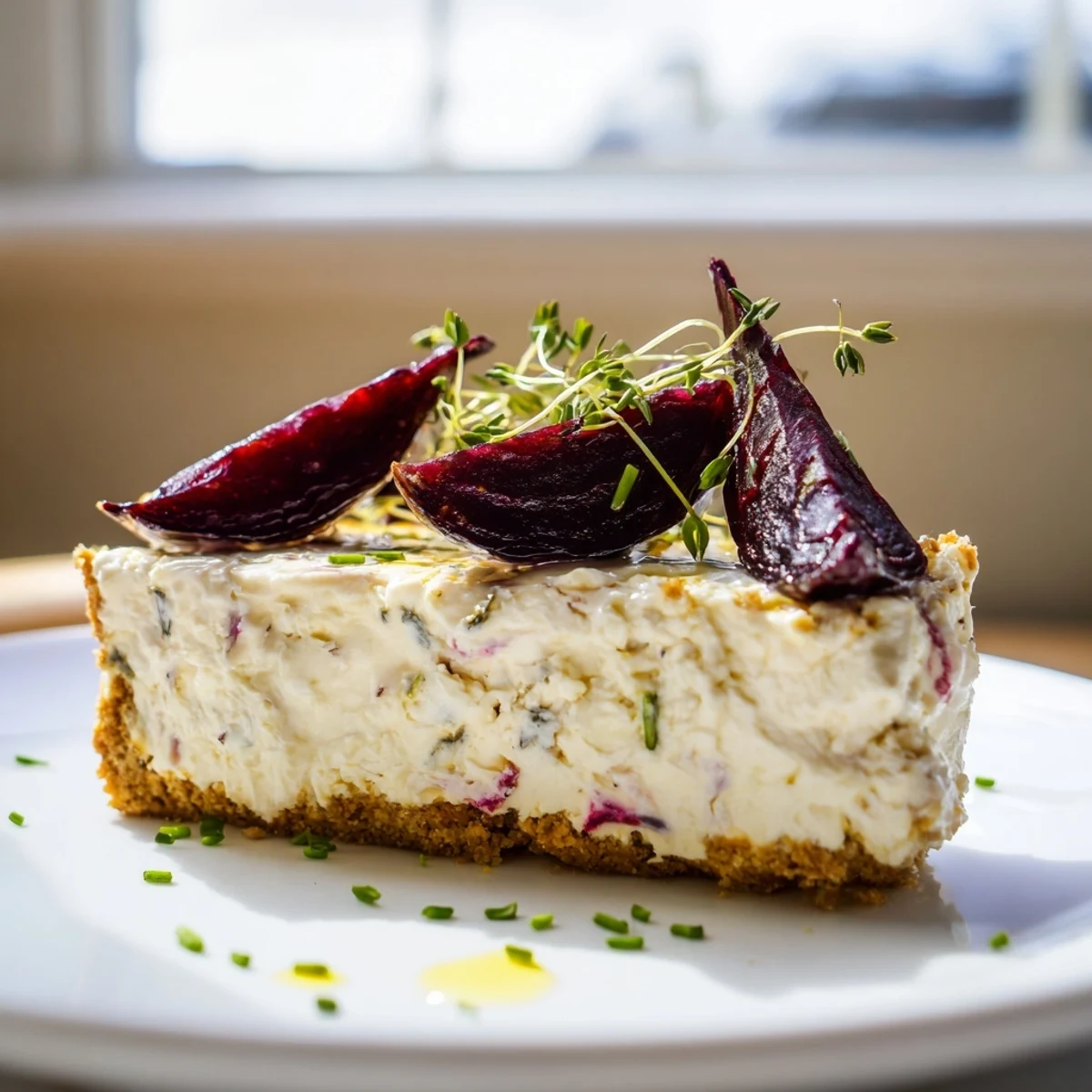 Golden wholemeal crust layered with rich cheese filling and jewel-toned roasted beetroot wedges, garnished with microgreens