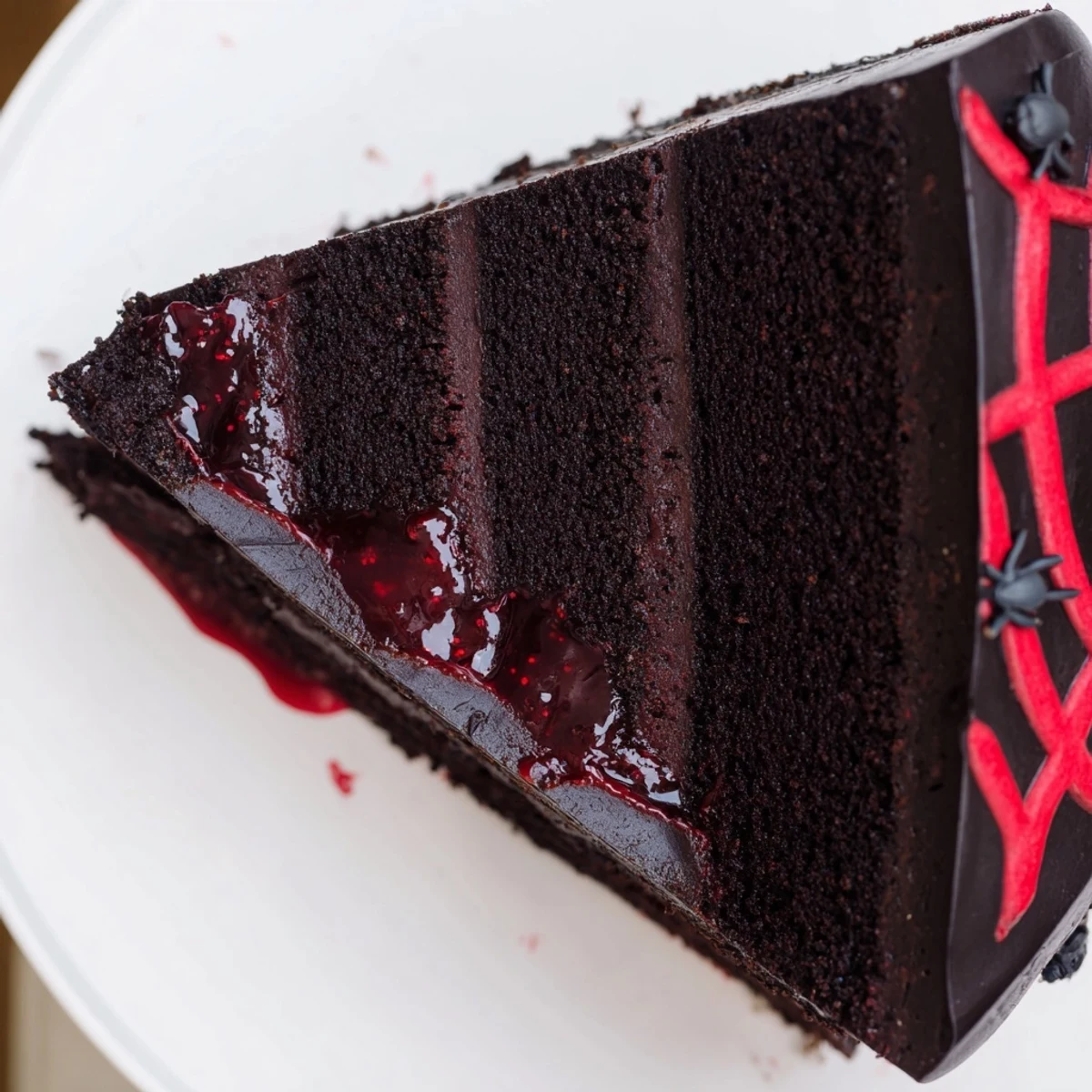 Dark Hidden Horror Black Widow Cake with glossy black ganache dripping over rich chocolate layers