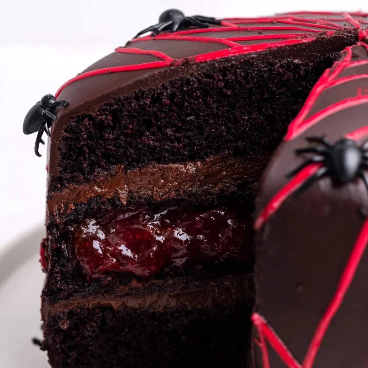 Hidden Horror Black Widow Cake sliced open revealing bright red cherry compote oozing from center