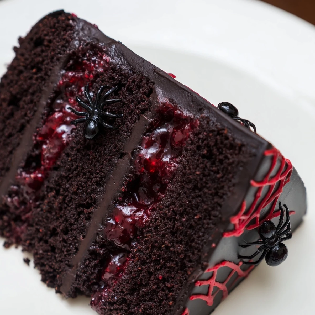 Spooky Hidden Horror Black Widow Cake topped with fondant spiders and dramatic red vein details