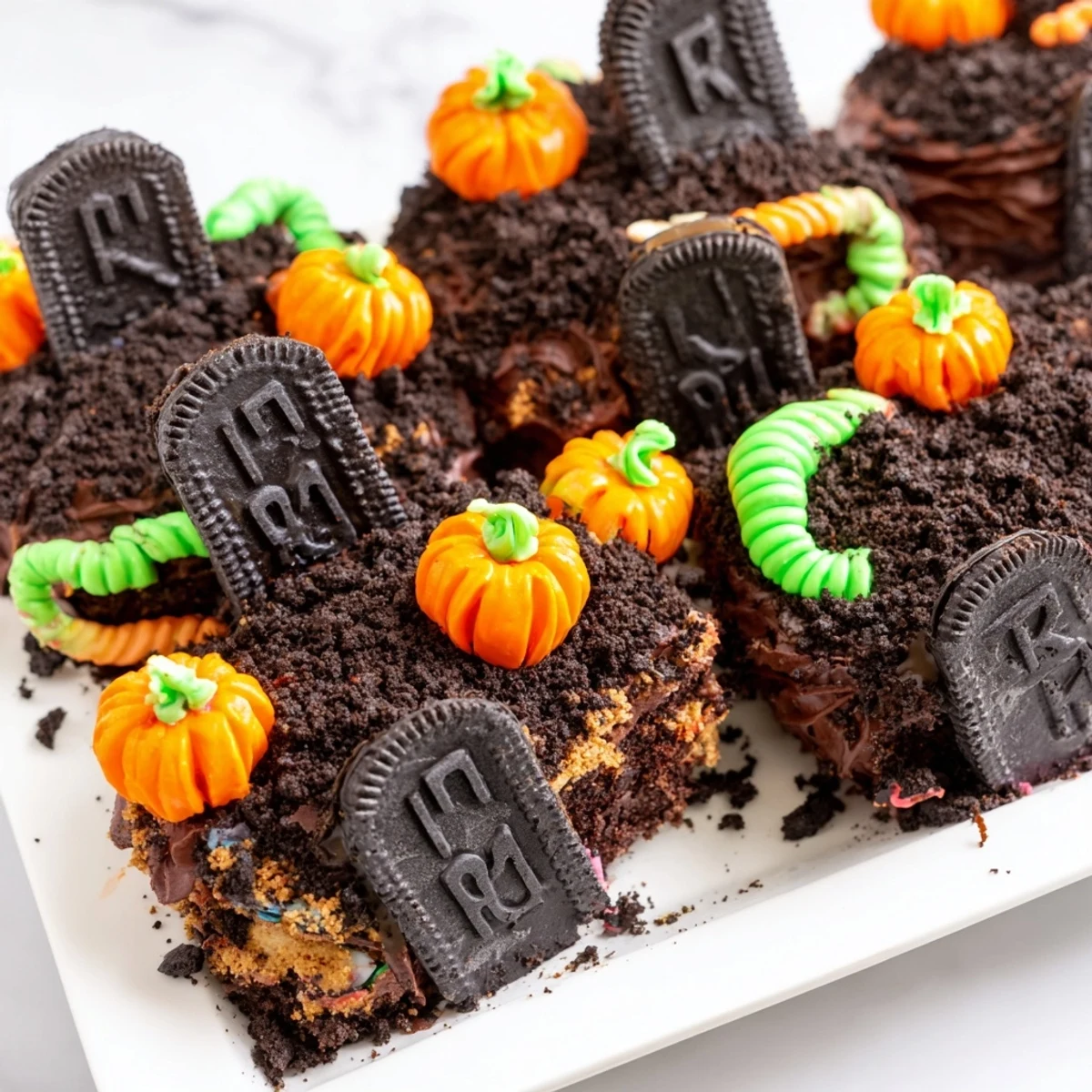 Spooky Pull Apart Graveyard Cupcakes decorated with tombstone cookies gummy worms and candy pumpkins for Halloween