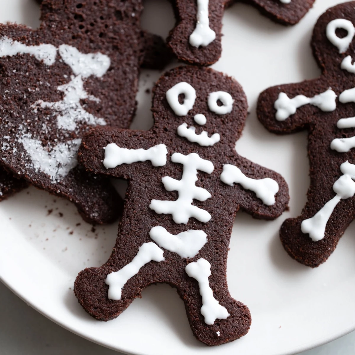 Crisp chocolate cinnamon skeleton cookies with intricate white icing bones on a rustic baking sheet