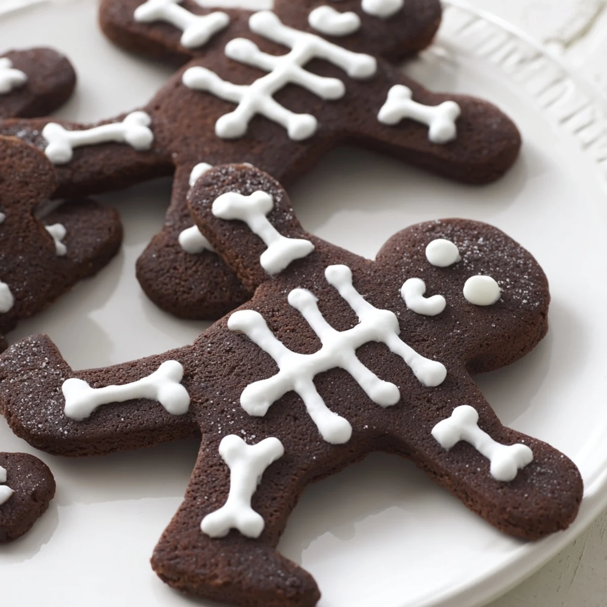 Dark cocoa chocolate cinnamon skeleton cookies arranged on a parchment-lined tray ready for Halloween