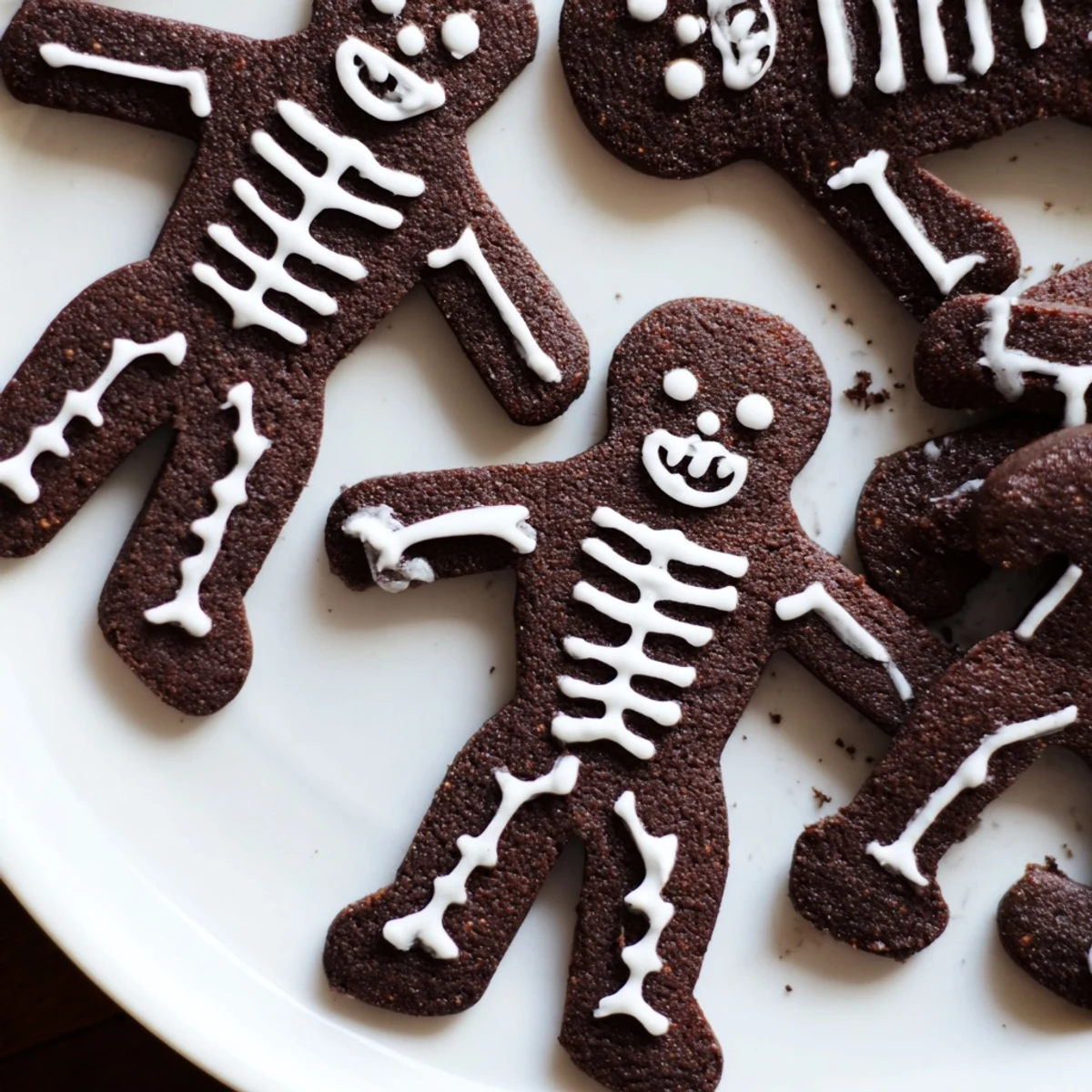 Warm spiced chocolate cinnamon skeleton cookies topped with delicate royal icing resting on a cooling rack