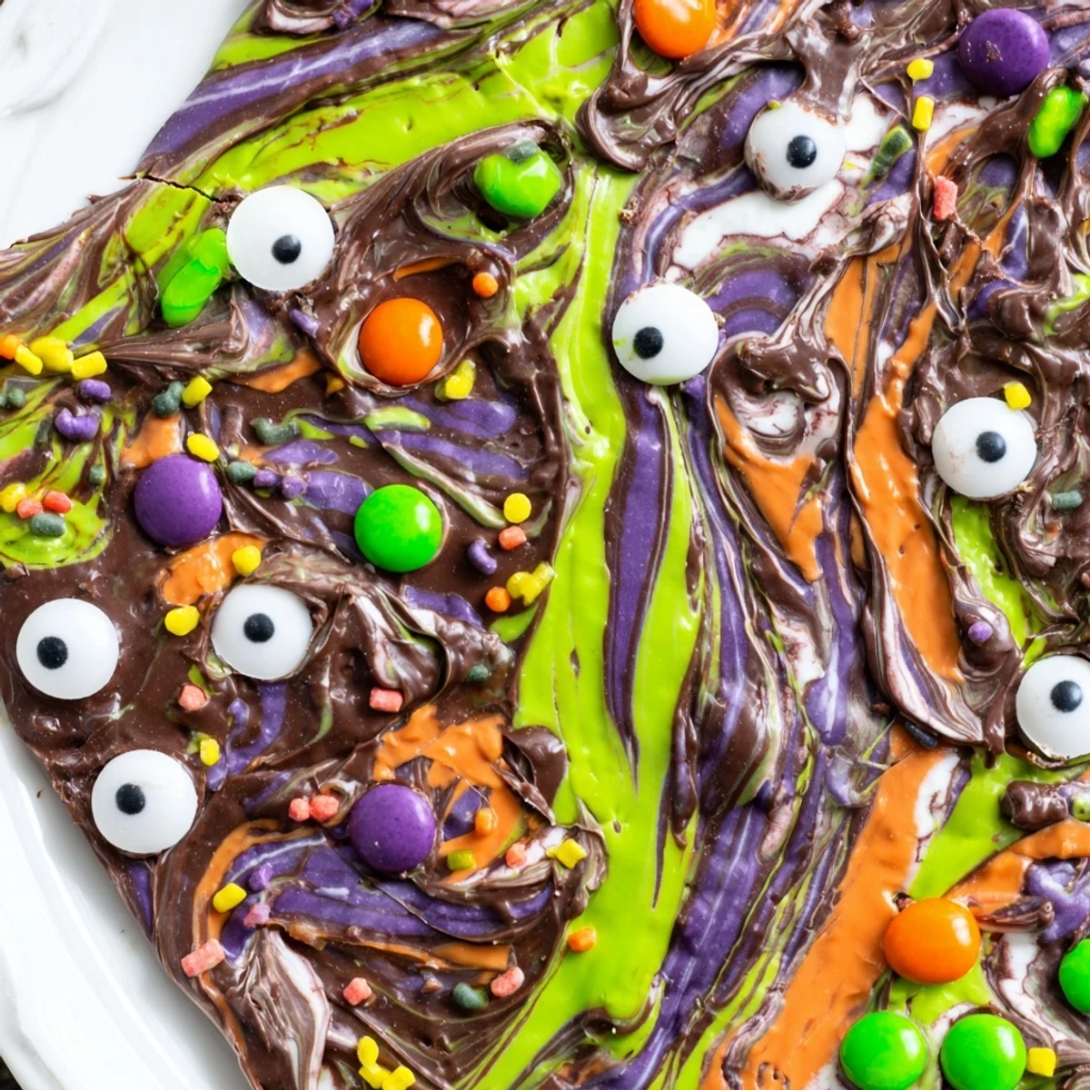 Melting Witches Bark with swirled chocolates, candy eyes, and Halloween sprinkles