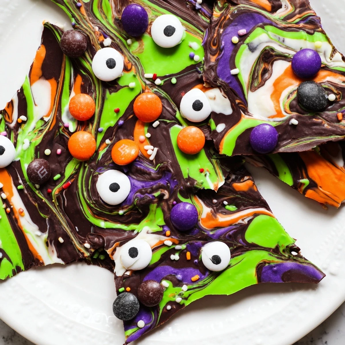Dark and white chocolate Melting Witches Bark topped with colorful candy pieces