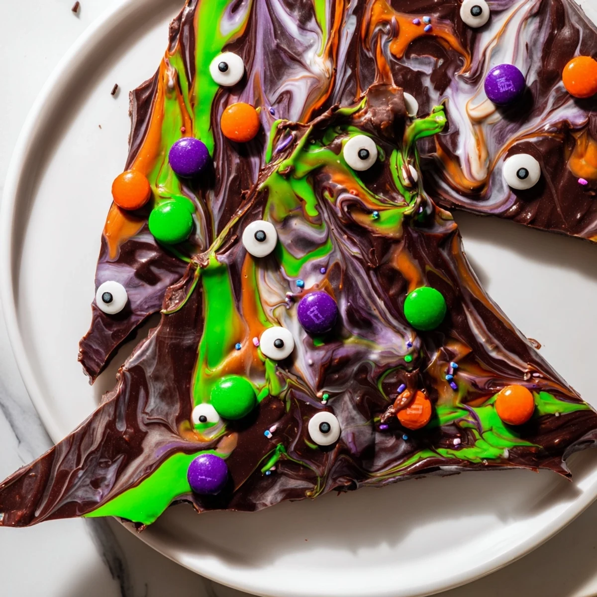 Melting Witches Bark broken into rustic pieces featuring marbled chocolate and candy eyes
