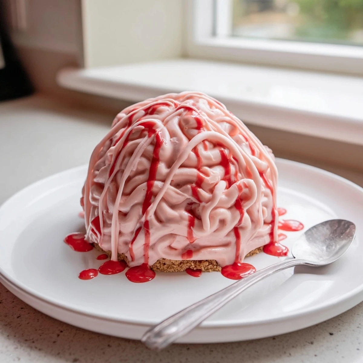 Creamy no bake strawberry cheesecake brain with pink chocolate folds and red berry drizzle